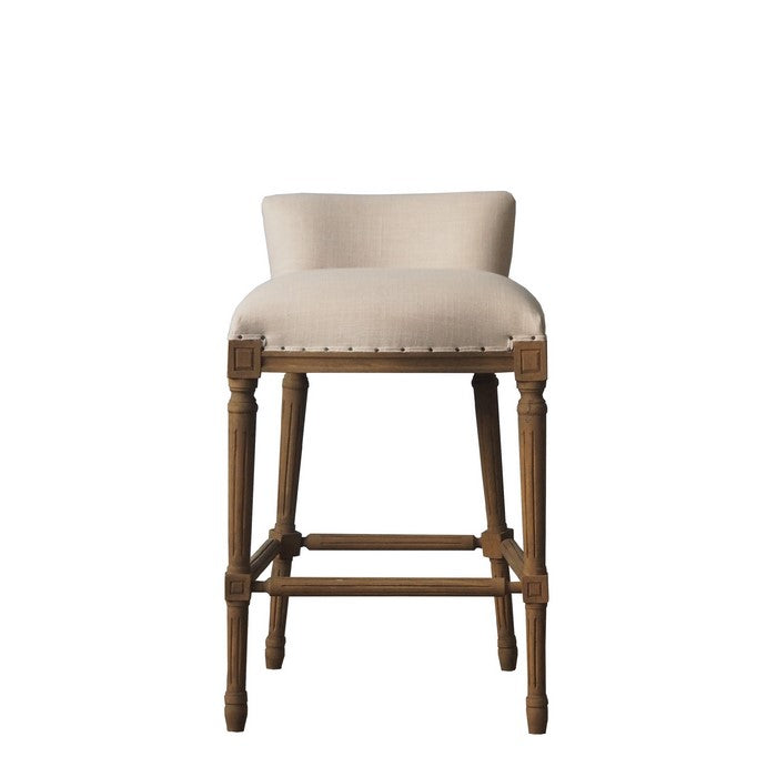 Nailhead Trim Fabric Upholstered Bar Stool with Fluted Legs, Beige and Brown