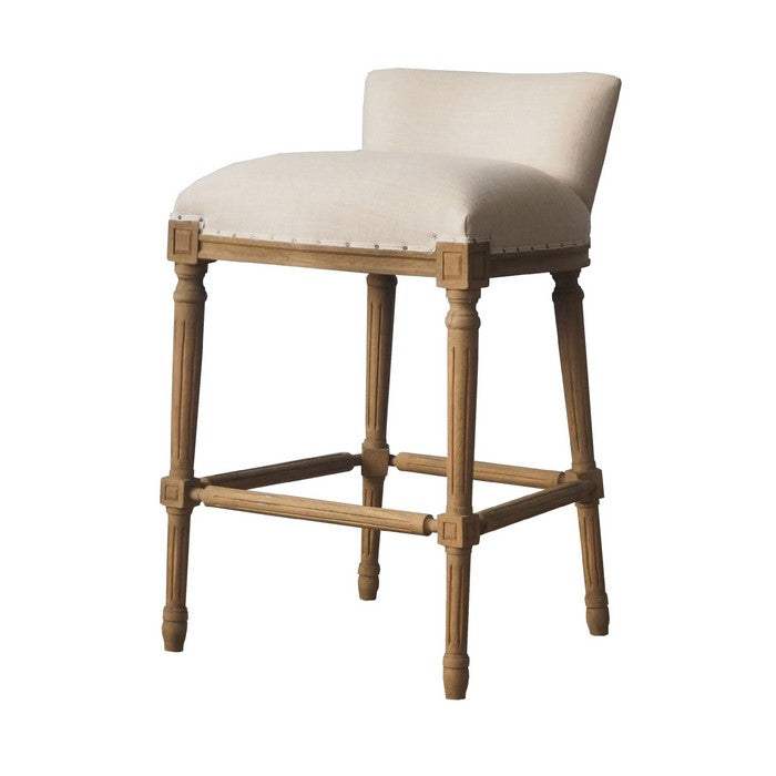 Nailhead Trim Fabric Upholstered Bar Stool with Fluted Legs, Beige and Brown