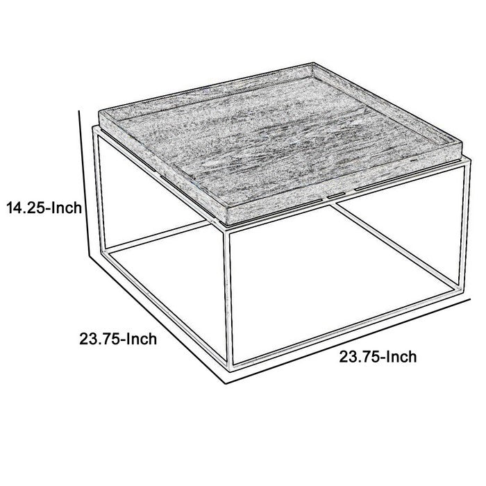 Tray Top Wooden Coffee Table with Tubular Legs, Gray and Black