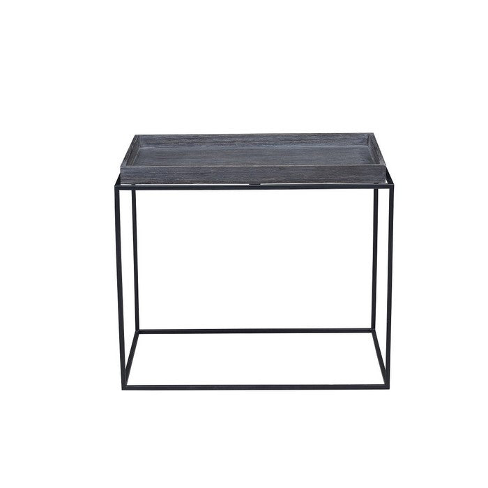 Tray Top Wooden End Table with Tubular Legs, Gray and Black