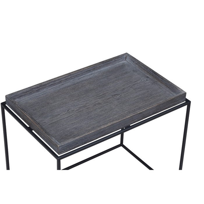 Tray Top Wooden End Table with Tubular Legs, Gray and Black