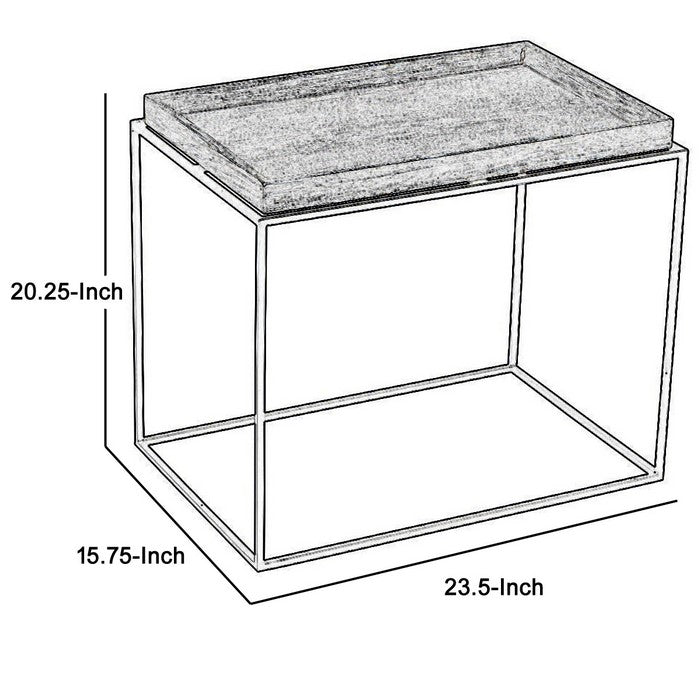 Tray Top Wooden End Table with Tubular Legs, Gray and Black