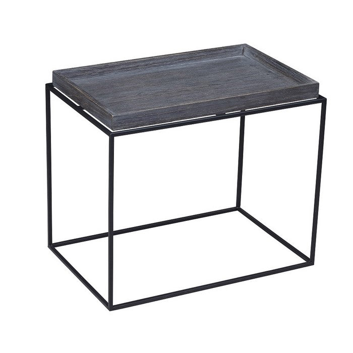 Tray Top Wooden End Table with Tubular Legs, Gray and Black