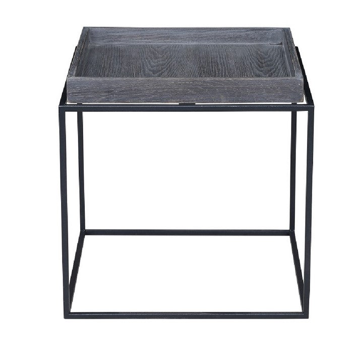 Tray Top Wooden Side Table with Tubular Legs, Gray and Black