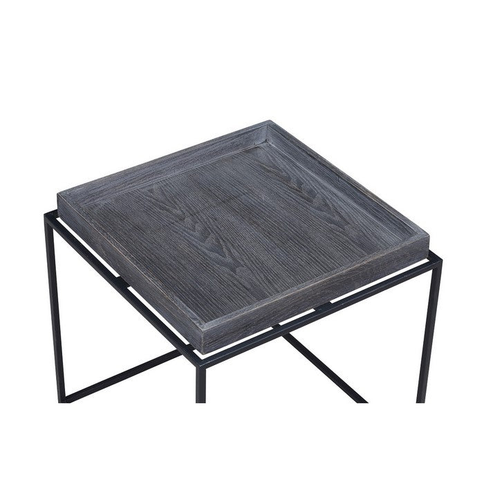 Tray Top Wooden Side Table with Tubular Legs, Gray and Black