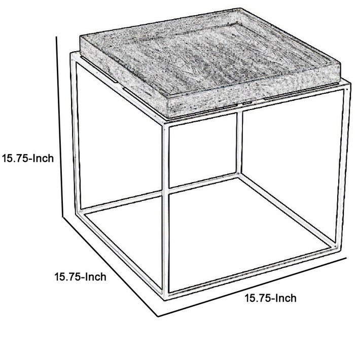 Tray Top Wooden Side Table with Tubular Legs, Gray and Black