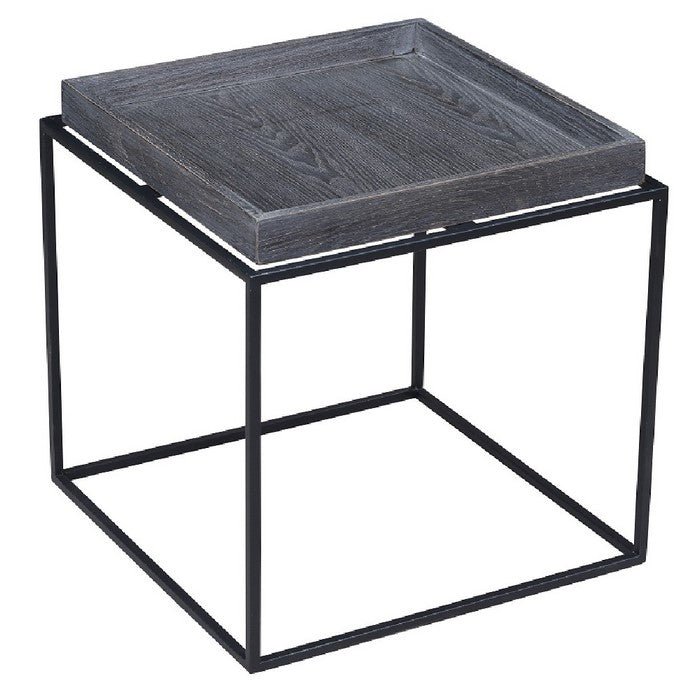 Tray Top Wooden Side Table with Tubular Legs, Gray and Black