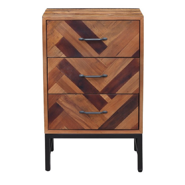 Plank Style 3 Drawers Wooden Nightstand with Tubular Legs, Brown and Black