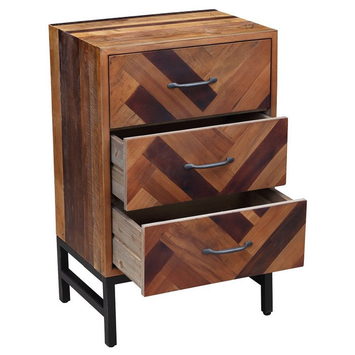 Plank Style 3 Drawers Wooden Nightstand with Tubular Legs, Brown and Black