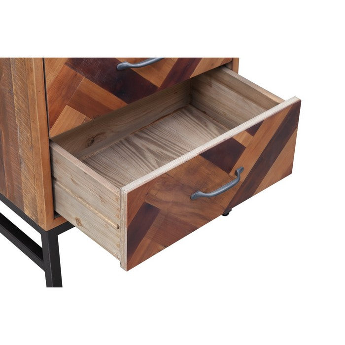 Plank Style 3 Drawers Wooden Nightstand with Tubular Legs, Brown and Black
