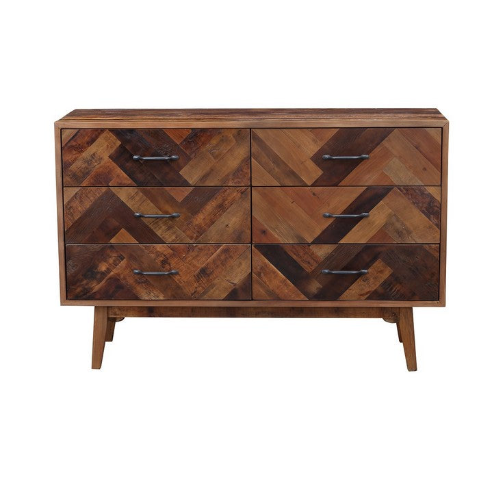 Plank Style 6 Drawers Wooden Dresser with Splayed Legs, Natural Brown