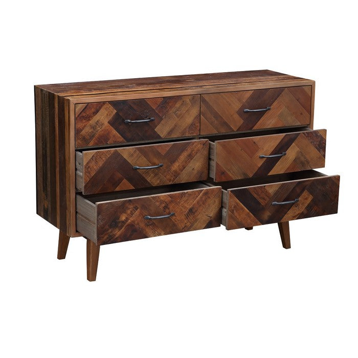 Plank Style 6 Drawers Wooden Dresser with Splayed Legs, Natural Brown
