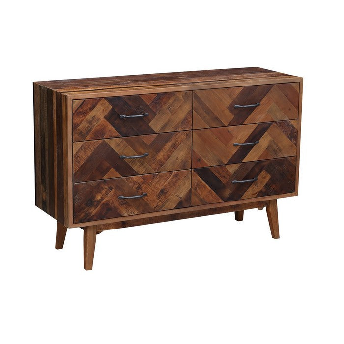 Plank Style 6 Drawers Wooden Dresser with Splayed Legs, Natural Brown