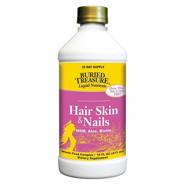 Buried Treasure Hair, Skin and Nails with MSM Biotin Aloe Vera plus Vitamins and Minerals in a High Potency Liquid Whole Food Complex for Fuller Hair, Stronger Nails and Clearer Skin 16 oz