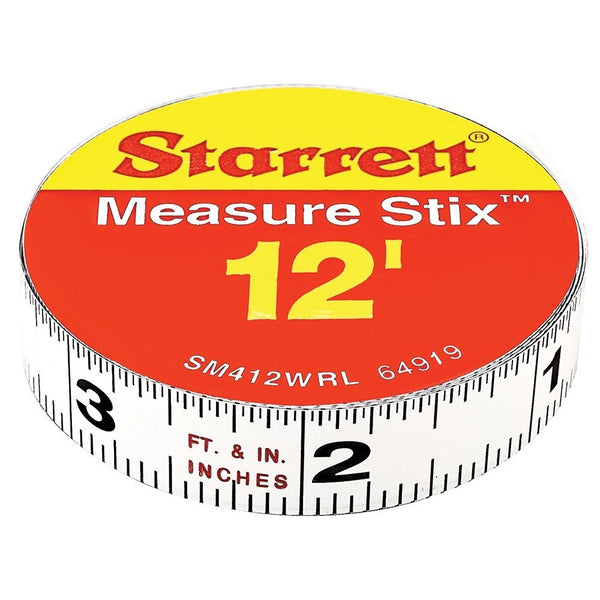 Starrett Measure Stix SM412WRL Steel White Measure Tape with Adhesive Backing, English Graduation Style, Right To Left Reading, 12' Length, 0.5" Width, 0.0625" Graduation Interval