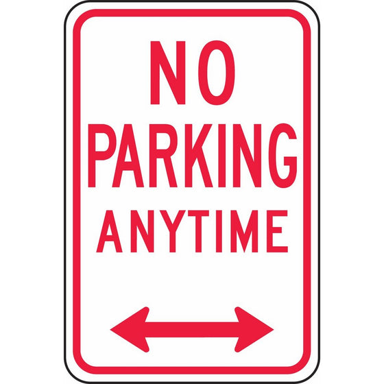 Accuform Signs FRP717RA Engineer-Grade Reflective Aluminum Parking Sign, Legend NO PARKING ANYTIME (DOUBLE ARROW), 18" Length x 12" Width x 0.080" Thickness, Red on White