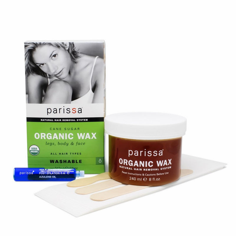 Parissa Organic Sugar Wax, Waxing Kit made of Organic Sugar Wax for Hair Removal Body Waxing, 240ml (8oz), 30 strips, 3 spatulas