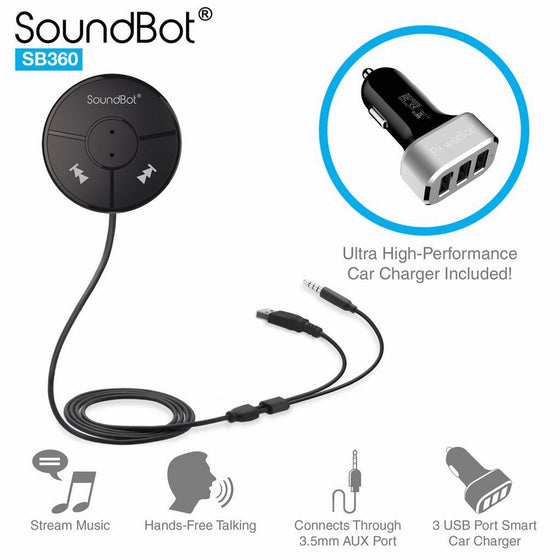 SoundBot SB360 Bluetooth 4.0 Car Kit Hands-Free Wireless Talking & Music Streaming Dongle w/ 10W Dual Port 2.1A USB Charger Magnetic Mounts Built-in 3.5mm Aux Cable