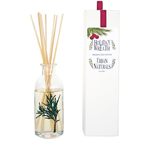 Cranberry & Pine Scented Oil Reed Diffuser Set with Real Pine Needles! Holiday Wreath by Urban Naturals | Holly Berry & Frosted Fir Needles | Makes a Great Gift any time of year!