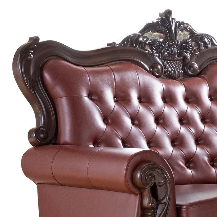 Button Tufted and Crowned Backrest Leatherette Loveseat, Tan Brown