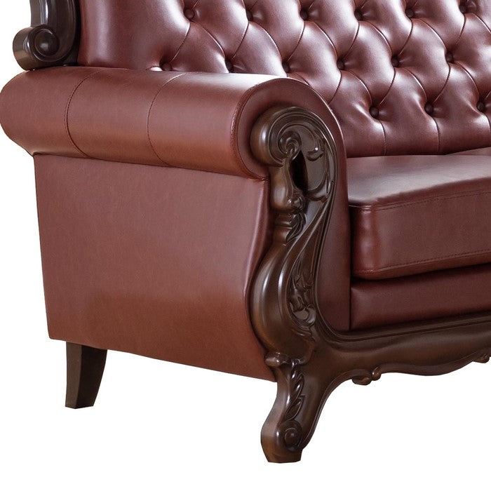 Button Tufted and Crowned Backrest Leatherette Loveseat, Tan Brown