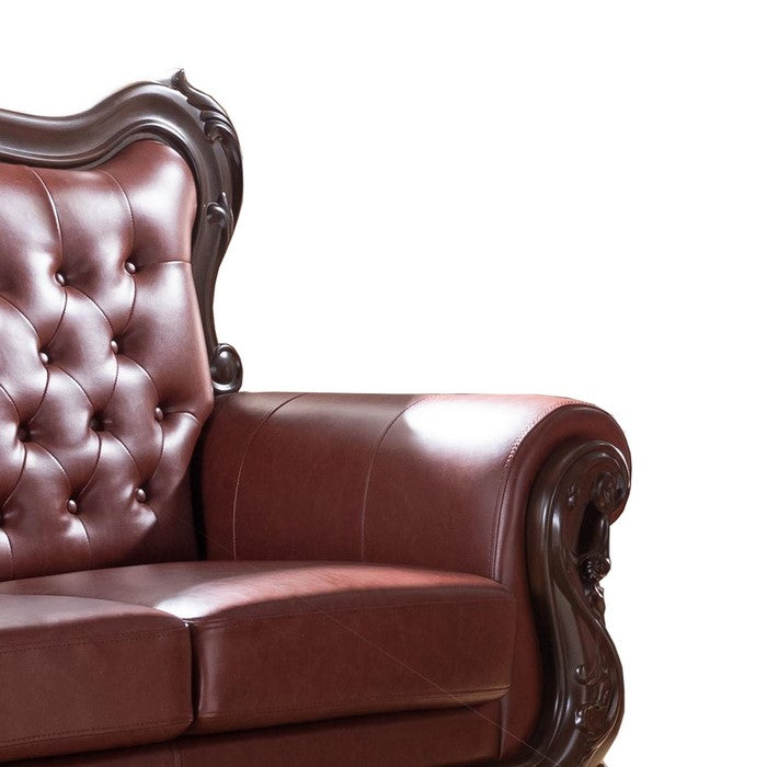 Button Tufted and Crowned Backrest Leatherette Loveseat, Tan Brown
