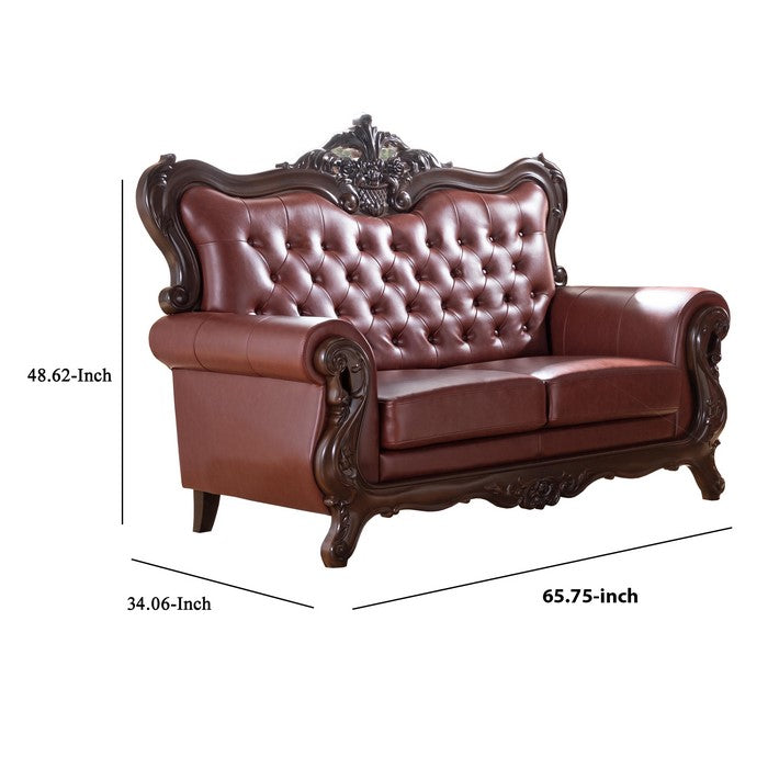 Button Tufted and Crowned Backrest Leatherette Loveseat, Tan Brown
