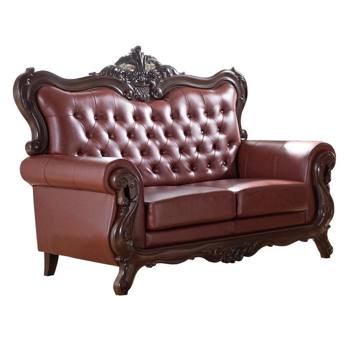 Button Tufted and Crowned Backrest Leatherette Loveseat, Tan Brown