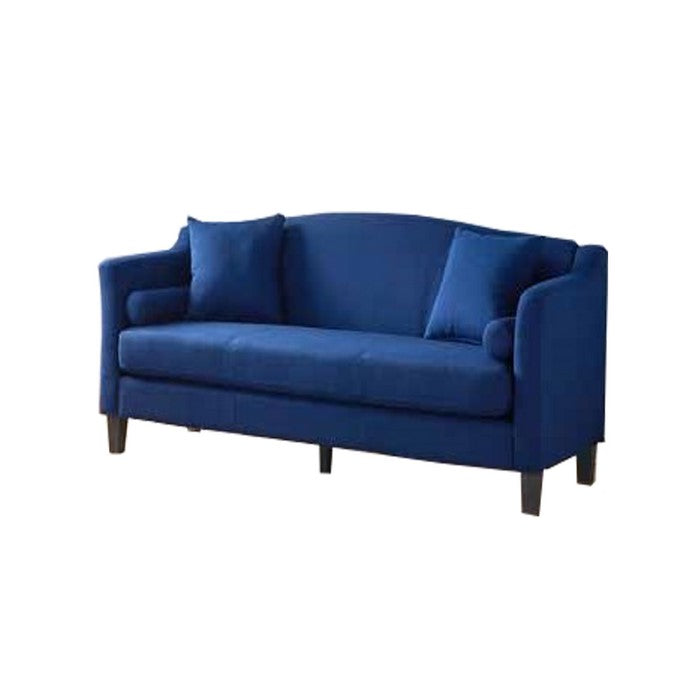 Fabric Upholstered Sofa with Scalloped Back and Shelter Track Arms, Blue