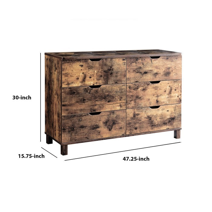 Wooden Frame Dresser with 6 Drawers and Straight Legs, Distressed Brown