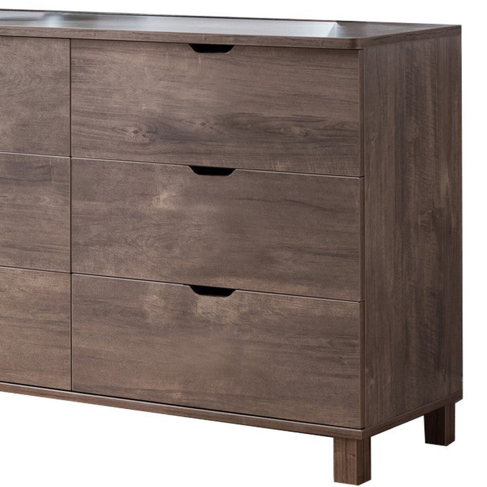 Wooden Frame Dresser with 6 Drawers and Cut Out Pulls, Hazelnut Brown