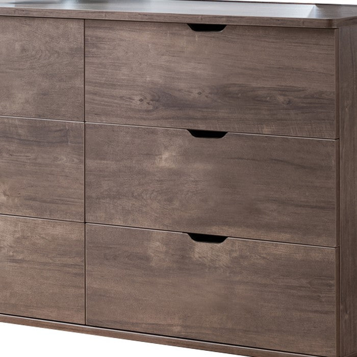 Wooden Frame Dresser with 6 Drawers and Cut Out Pulls, Hazelnut Brown