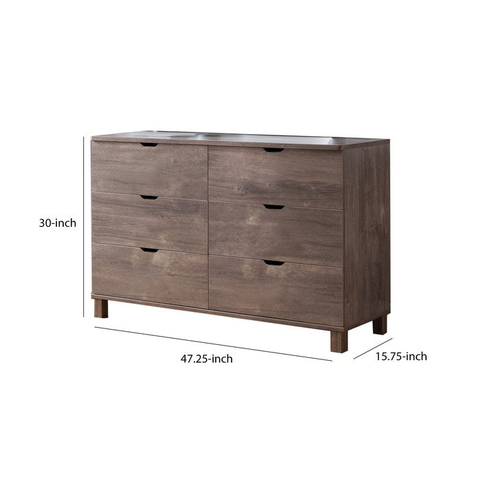 Wooden Frame Dresser with 6 Drawers and Cut Out Pulls, Hazelnut Brown