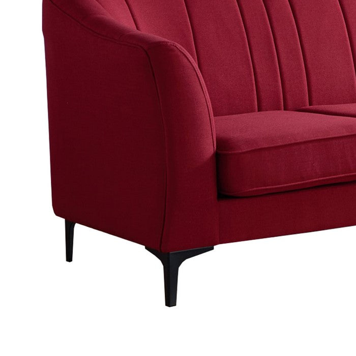 Vertical Channel Tufted Fabric Upholstered Sofa with Metal Legs, Red