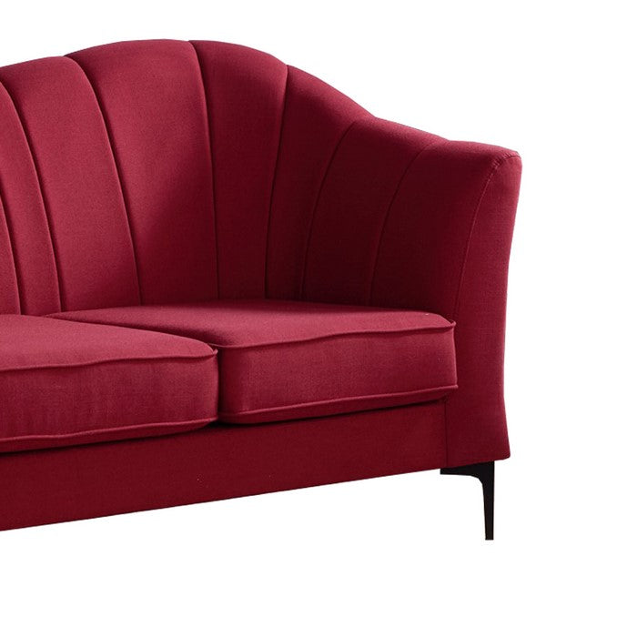 Vertical Channel Tufted Fabric Upholstered Sofa with Metal Legs, Red