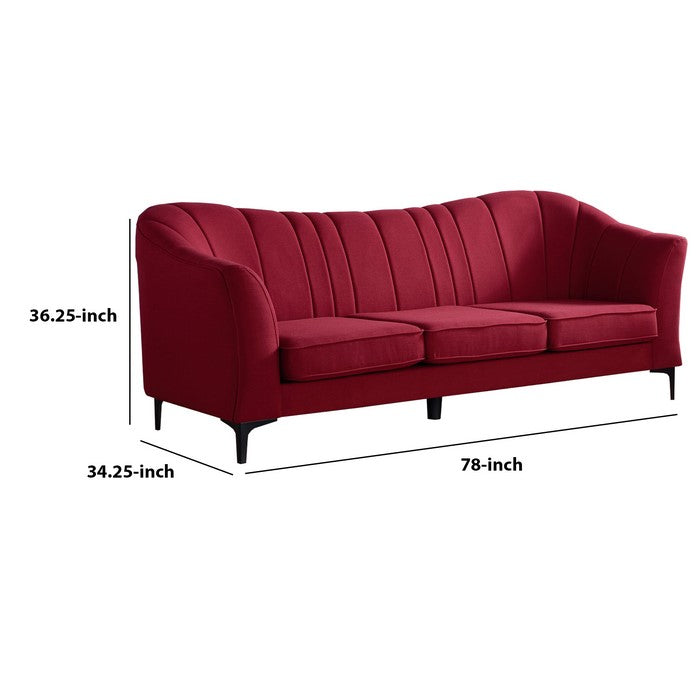 Vertical Channel Tufted Fabric Upholstered Sofa with Metal Legs, Red