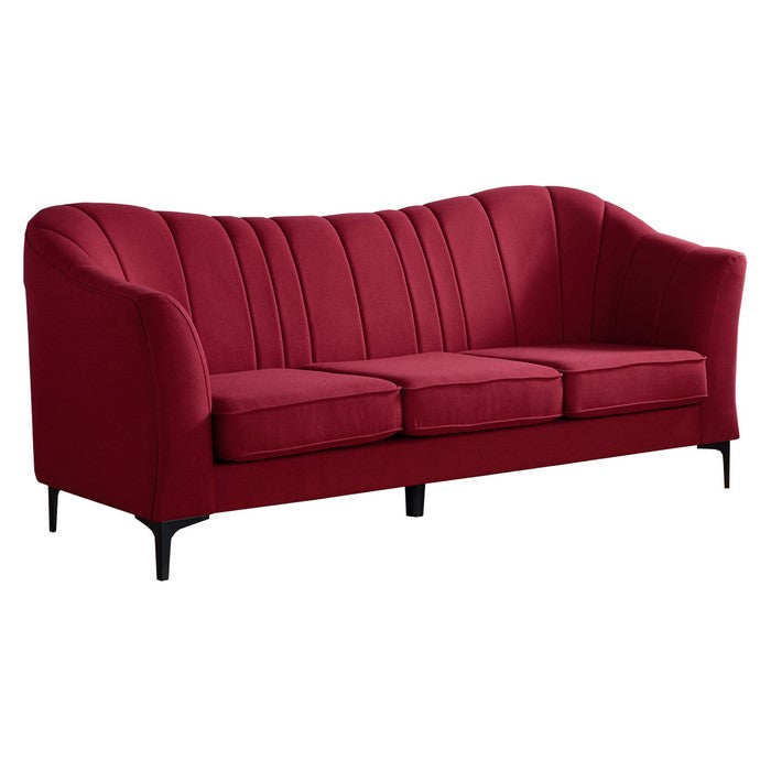 Vertical Channel Tufted Fabric Upholstered Sofa with Metal Legs, Red