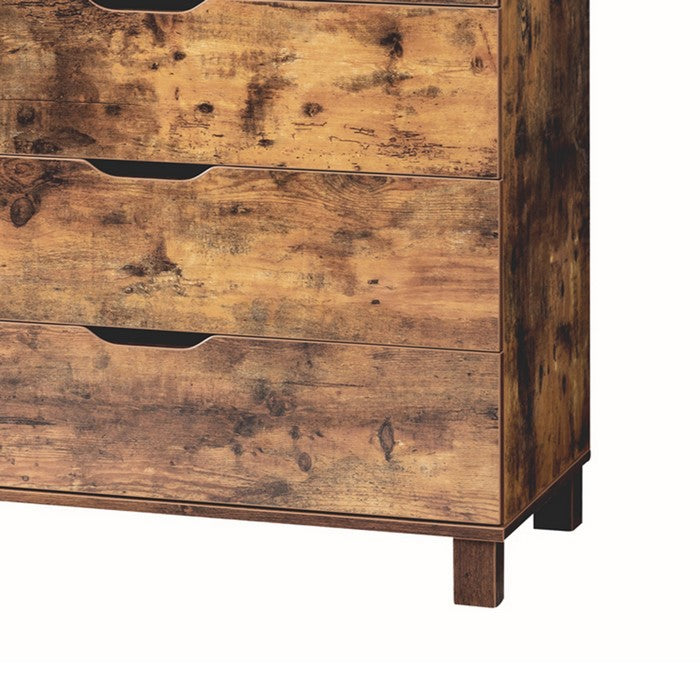 Grained Wooden Chest with 5 Drawers and Straight Legs, Distressed Brown