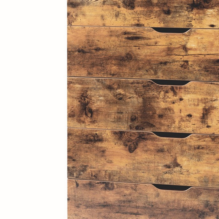 Grained Wooden Chest with 5 Drawers and Straight Legs, Distressed Brown