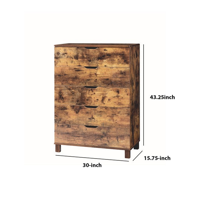 Grained Wooden Chest with 5 Drawers and Straight Legs, Distressed Brown