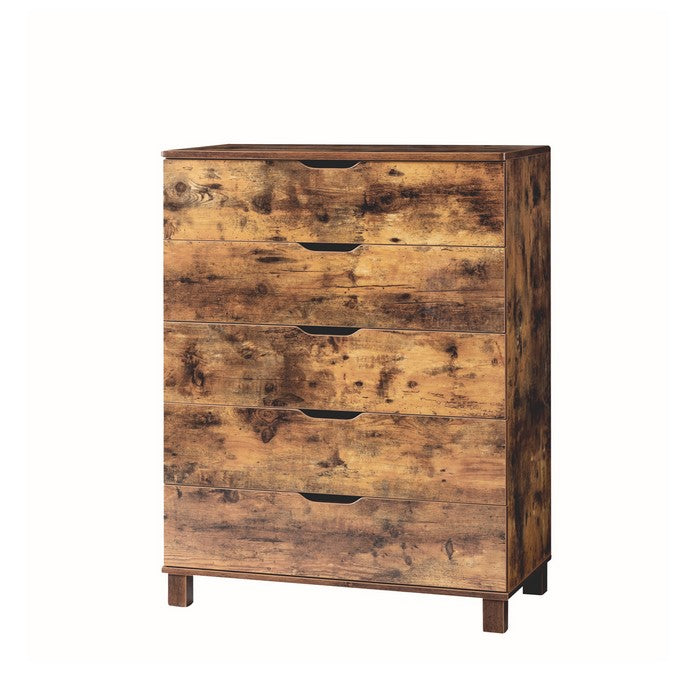 Grained Wooden Chest with 5 Drawers and Straight Legs, Distressed Brown