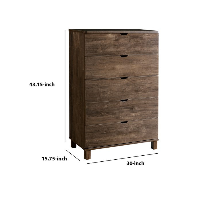 Grained Wooden Chest with 5 Drawers and Straight Legs, Walnut Brown