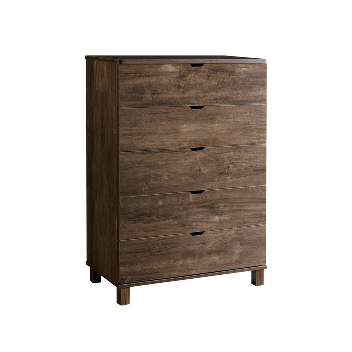 Grained Wooden Chest with 5 Drawers and Straight Legs, Walnut Brown