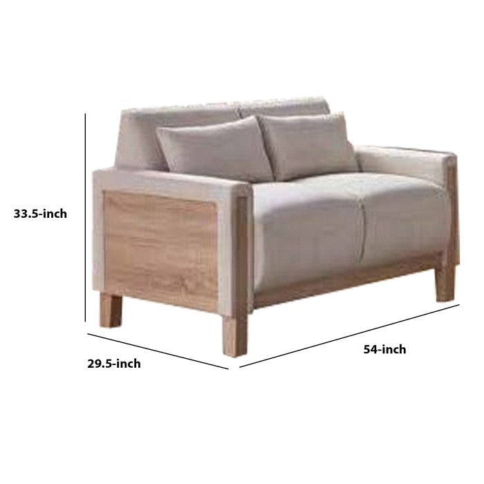 Fabric Upholstered Loveseat with Deep Cushioned Seat, Off White and Brown