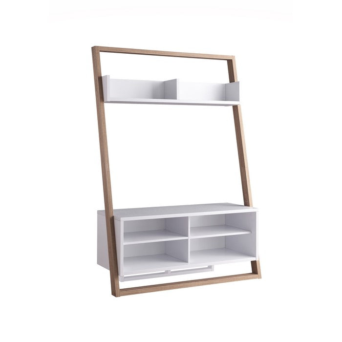 2 Tier Transitional Wooden TV Stand with Display Unit, White and Brown