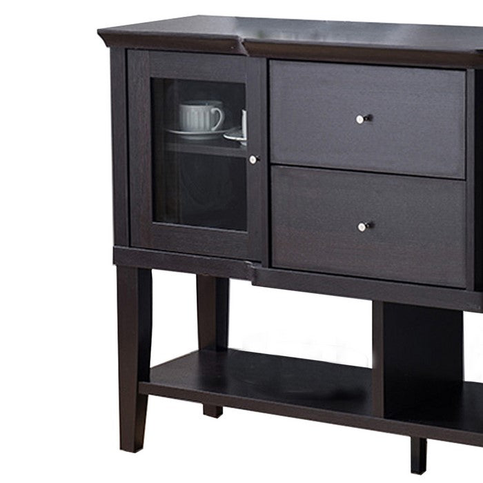 Wooden Buffet with 2 Glass Door Cabinets and 2 Drawers, Dark Brown
