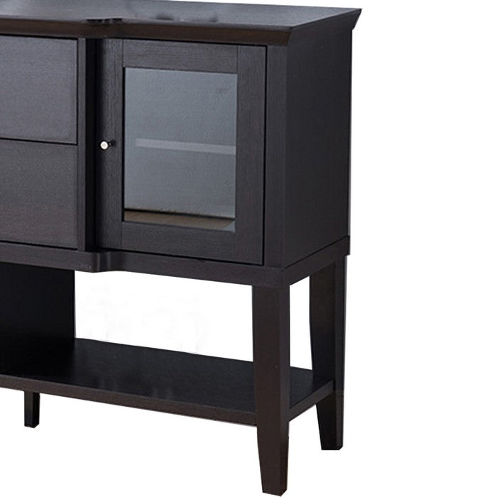 Wooden Buffet with 2 Glass Door Cabinets and 2 Drawers, Dark Brown