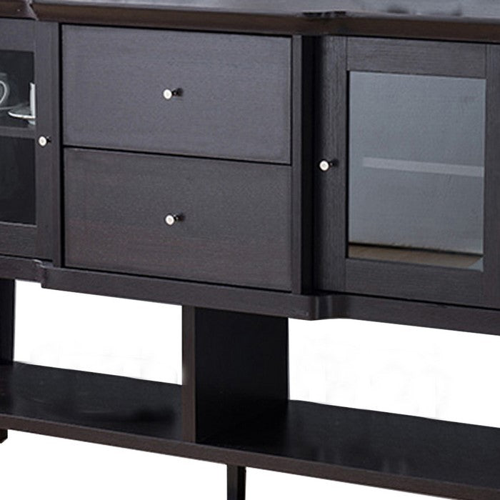 Wooden Buffet with 2 Glass Door Cabinets and 2 Drawers, Dark Brown