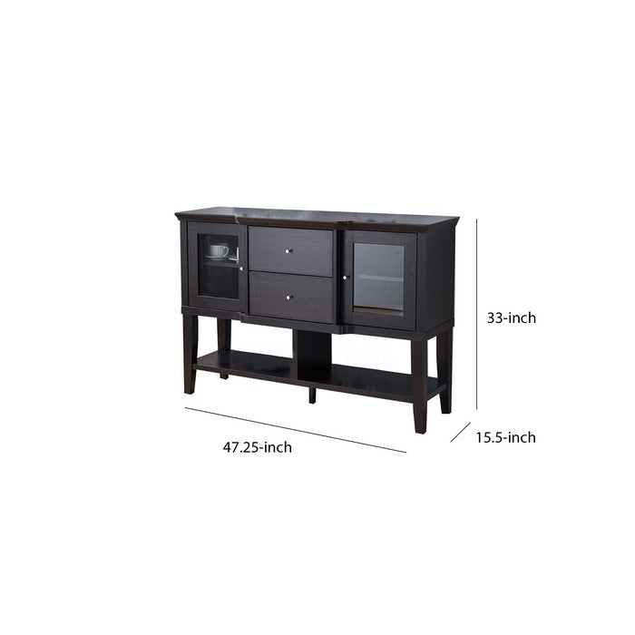 Wooden Buffet with 2 Glass Door Cabinets and 2 Drawers, Dark Brown