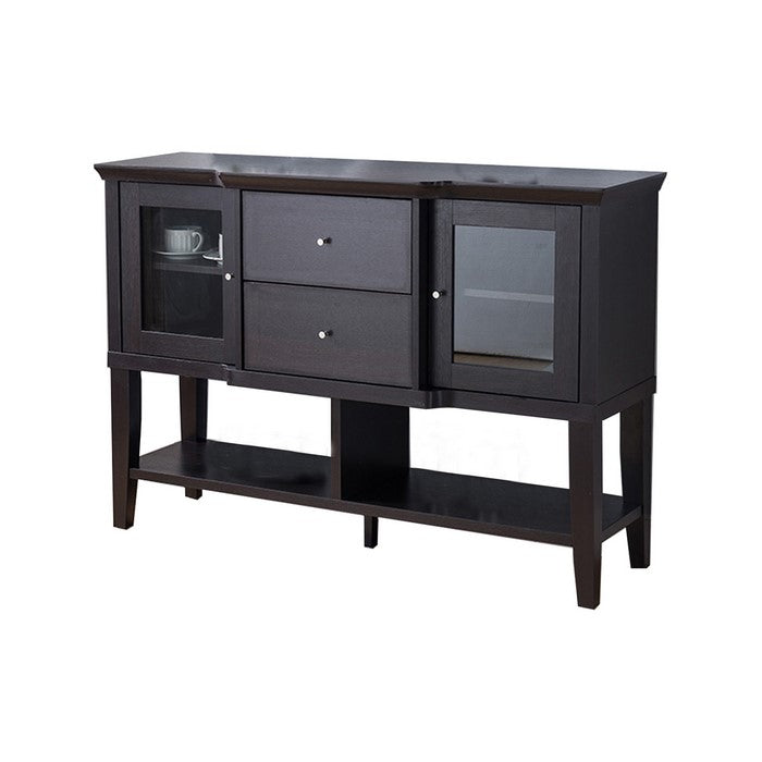 Wooden Buffet with 2 Glass Door Cabinets and 2 Drawers, Dark Brown